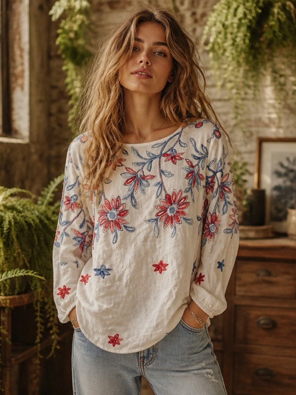 Cream Floral-Embroidered Long-Sleeve Tunic Top